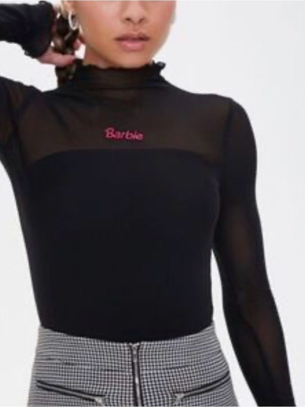 Barbie x Forever 21 Black Sheer Mesh Mock Neck Long Sleeve Top